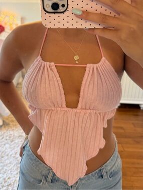 Pink Ribbed Halter Scarf-Style Crop Top